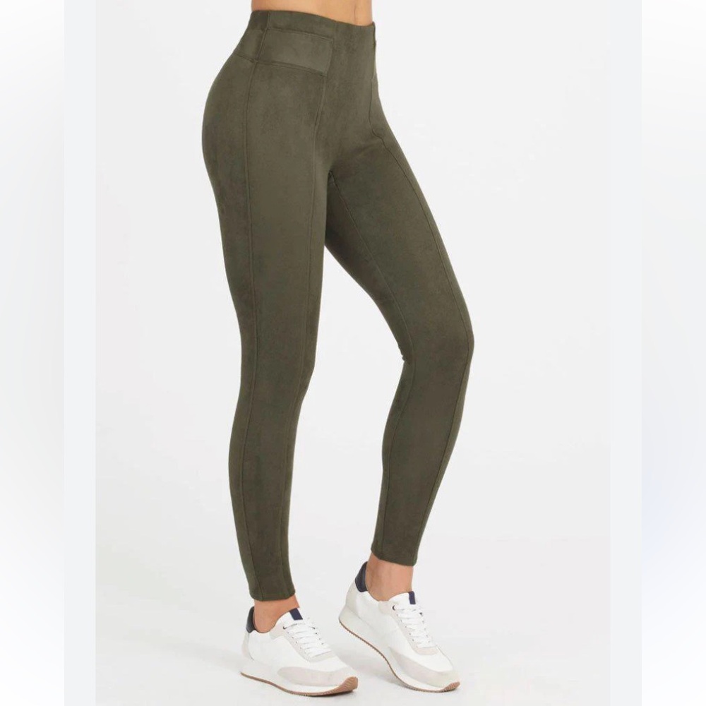 SPANX Olive Green Faux Suede Leggings High Rise Sculpting Pants Small